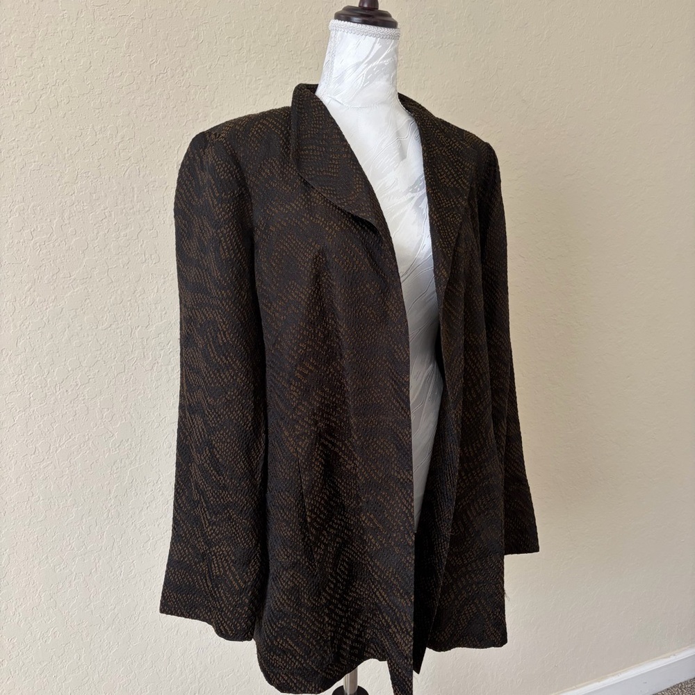 Eileen Fisher Brown Silk Blend Jacquard Open Blazer Minimalist Large‎